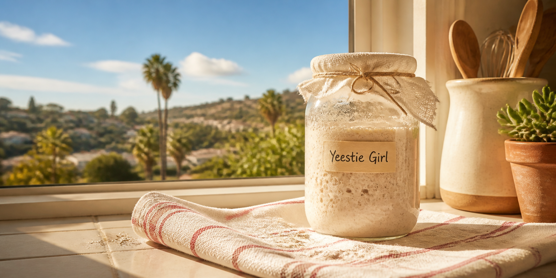 A bubbly sourdough starter in a sunny Vista kitchen window
