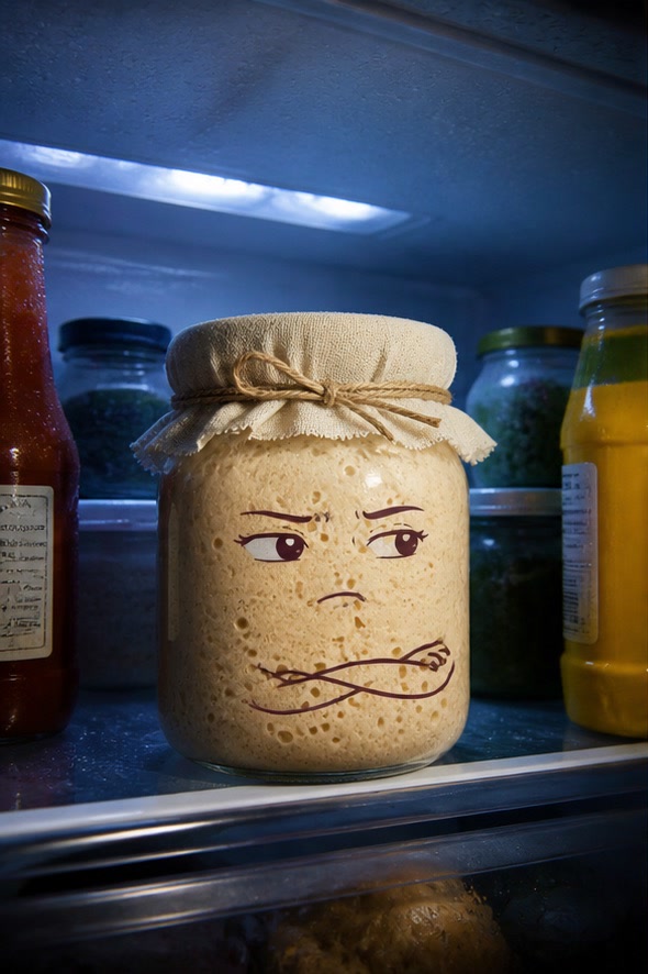 Yeestie looking annoyed inside a cold refrigerator