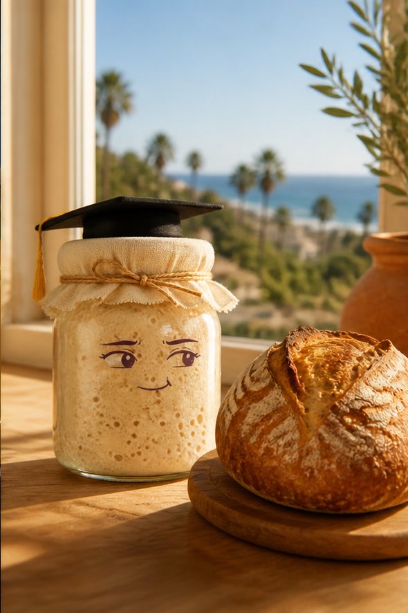 Yeestie proudly posing with a graduated sourdough loaf in a sunny Vista kitchen